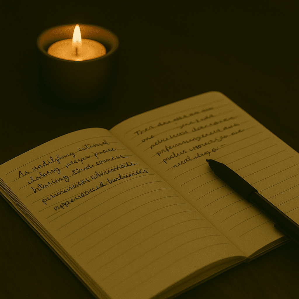 A journaling setup with candlelight and a notebook, symbolizing daily reflection and philosophical clarity.