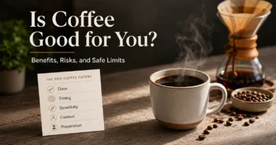 Cup of black coffee beside a simple health filter card showing dose, timing, sensitivity, context, and preparation