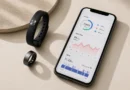 Screenless fitness tracker band and smart ring beside a phone showing health data