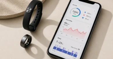 Screenless fitness tracker band and smart ring beside a phone showing health data