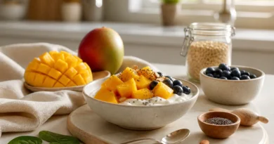 Fresh mango slices served with yogurt and whole foods to show mango health benefits and balanced portions