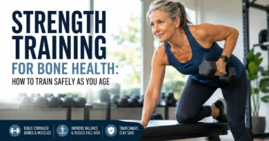 Older adult performing controlled strength training for bone health in a bright gym