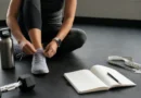 Training shoes, notebook, and measuring tape representing a realistic belly fat exercise plan.