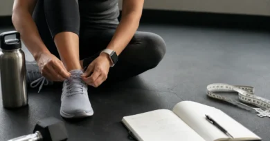 Training shoes, notebook, and measuring tape representing a realistic belly fat exercise plan.