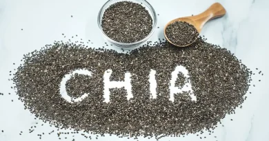 Dry chia seeds spelling the word chia beside a spoon and bowl of chia seeds.