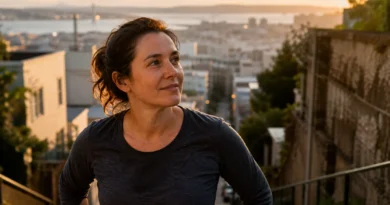 Woman pauses after climbing outdoor stairs at sunrise, showing the health benefits of exercise beyond weight loss through energy, clarity, and confidence