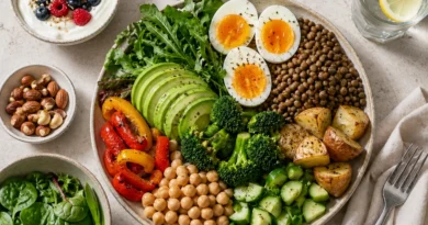 Superfoods for weight loss plate with Greek yogurt, berries, eggs, greens, beans, and potatoes.