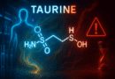 Futuristic illustration of the taurine molecule with a split blue-and-red background. The left side shows a glowing human silhouette, DNA strand, and test tubes symbolizing longevity, while the right side features a red warning symbol and hourglass representing potential health risks. The chemical structure of taurine is centered in neon.