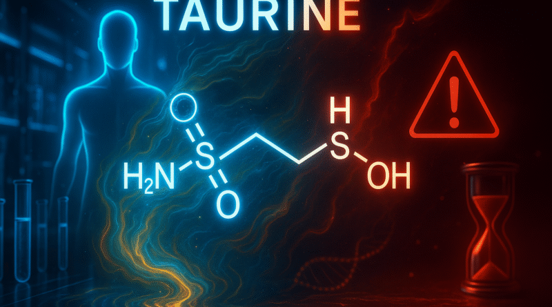 Futuristic illustration of the taurine molecule with a split blue-and-red background. The left side shows a glowing human silhouette, DNA strand, and test tubes symbolizing longevity, while the right side features a red warning symbol and hourglass representing potential health risks. The chemical structure of taurine is centered in neon.