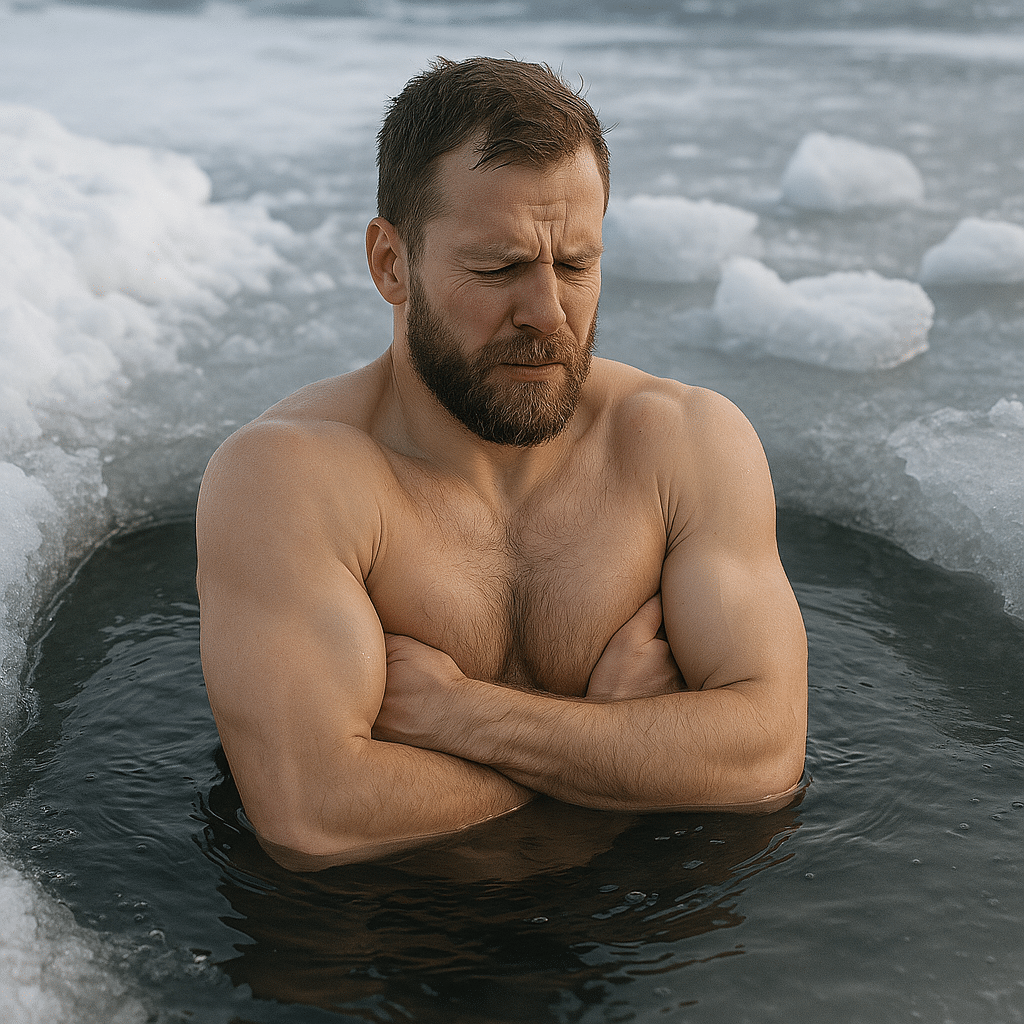A man sits chest-deep in an ice-covered lake, shivering but focused, representing resilience built through discomfort.