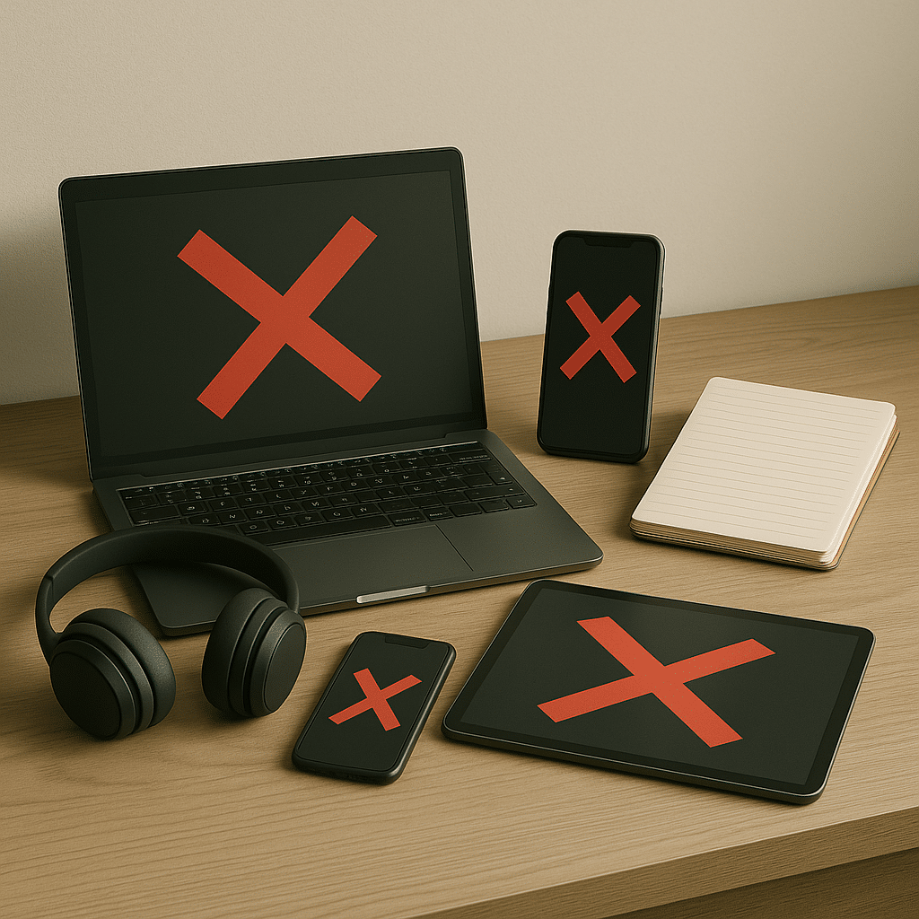 minimalist desk setup with laptops and phones showing red “X” screens next to a journal, symbolizing conscious information fasting.