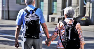 elderly couple holding hands and walking.