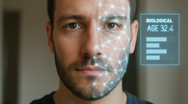 AI analyzing human face to estimate biological age using facial biometrics