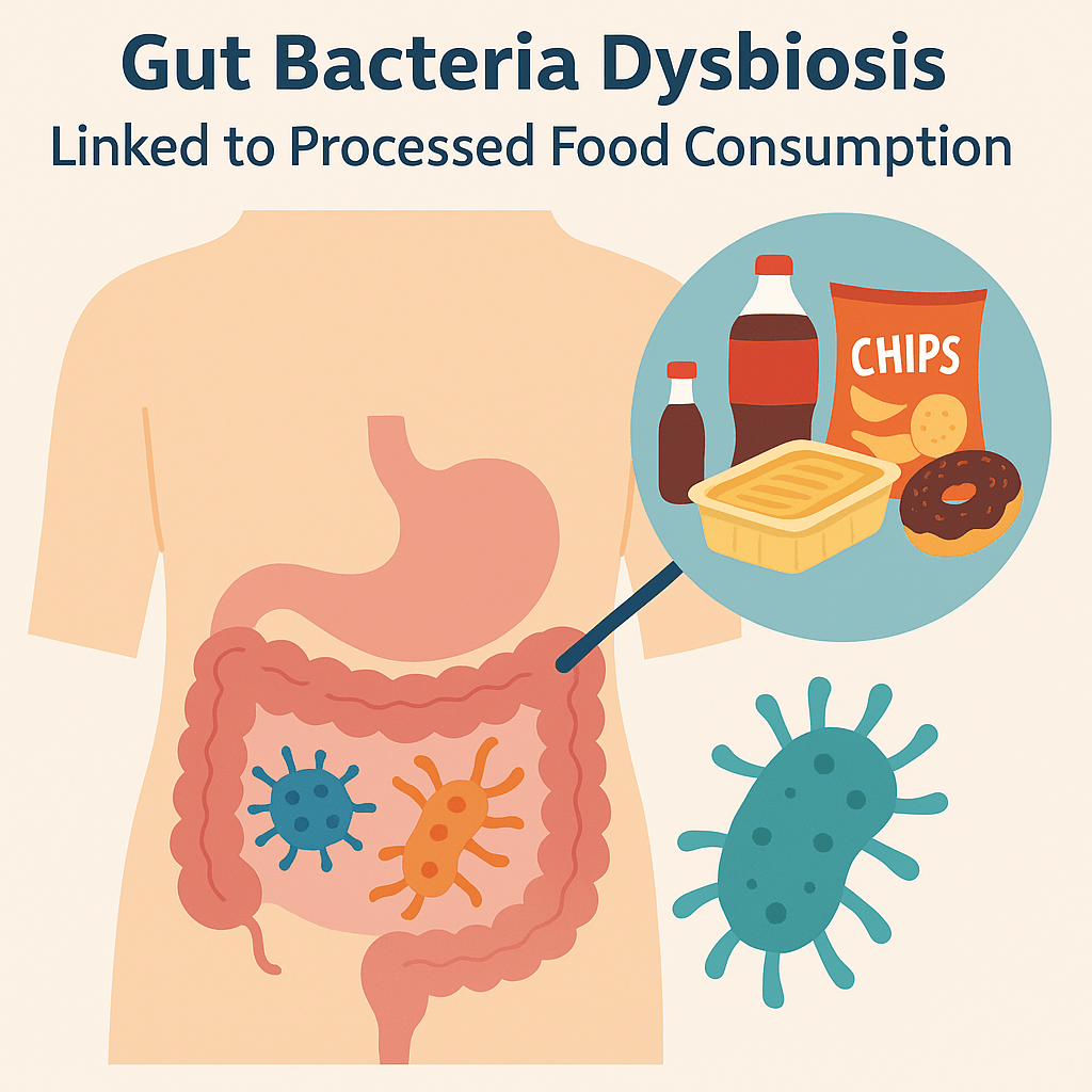 Illustration showing gut bacteria imbalance linked to processed food consumption.