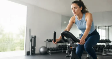 A person doing a controlled high-intensity interval training workout on a stationary bike.
