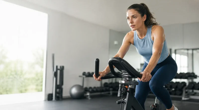 A person doing a controlled high-intensity interval training workout on a stationary bike.