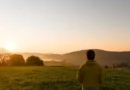 a man looking at the sunset beyond a grassy field.