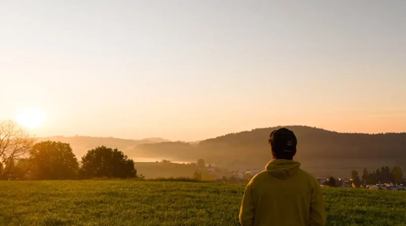 a man looking at the sunset beyond a grassy field.