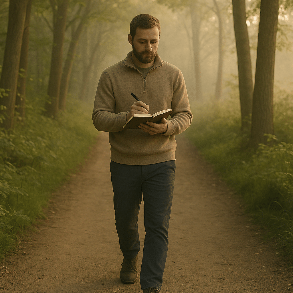 A man walking a forest trail at sunrise while journaling, representing peaceful discipline and philosophical living.