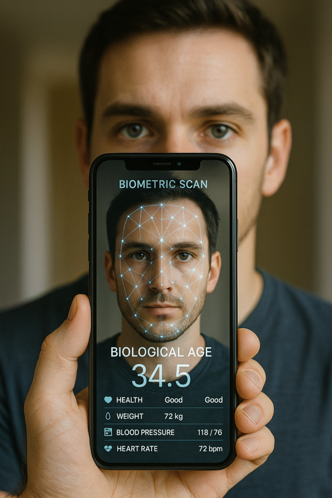 Smartphone scanning face with biometric aging tool