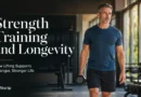 Middle-aged man carrying a dumbbell in a gym for strength training and longevity
