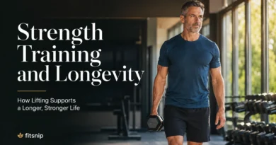 Middle-aged man carrying a dumbbell in a gym for strength training and longevity
