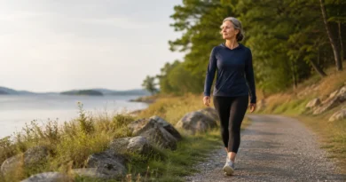 Adult walking outdoors on a quiet path for a Fitsnip article about walking for longevity and healthy aging.
