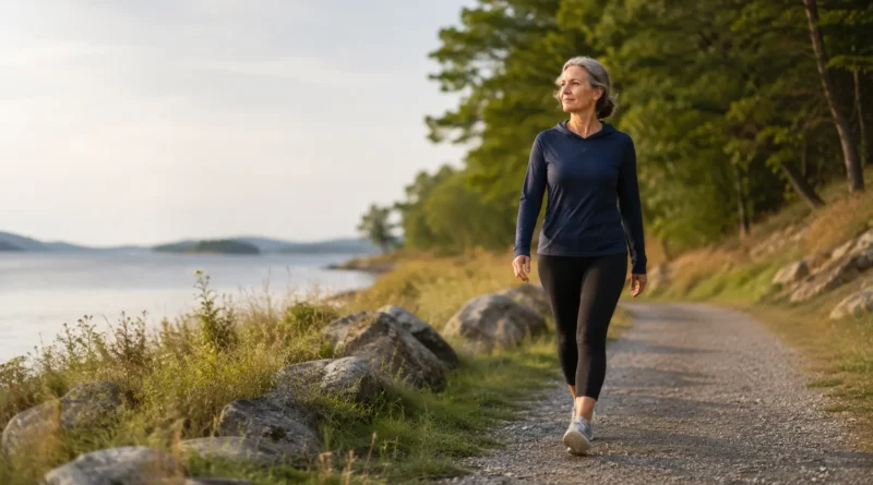 Adult walking outdoors on a quiet path for a Fitsnip article about walking for longevity and healthy aging.