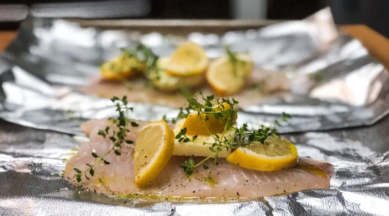 A close-up photograph of raw white fish fillets on aluminum foil, topped with lemon slices, herbs, and olive oil, prepared for baking.