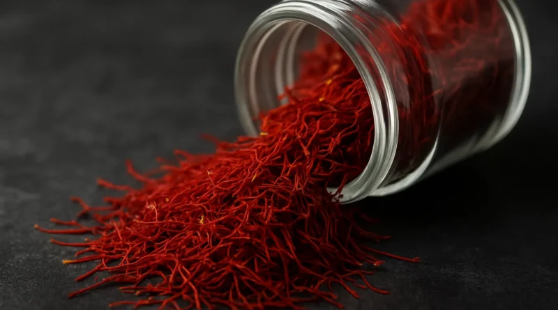 a glass jar on its side spilling out strand of crimson red saffron threads.