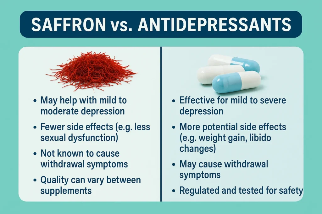Infographic comparing saffron and antidepressants for depression and anxiety. Left side highlights saffron's benefits like fewer side effects and no withdrawal. Right side lists antidepressants' strengths and common drawbacks. Split layout with bold title and clear icons.