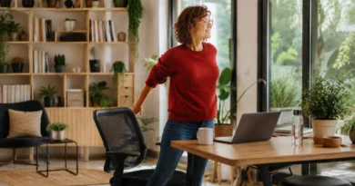 Person taking a movement break from desk work near a window