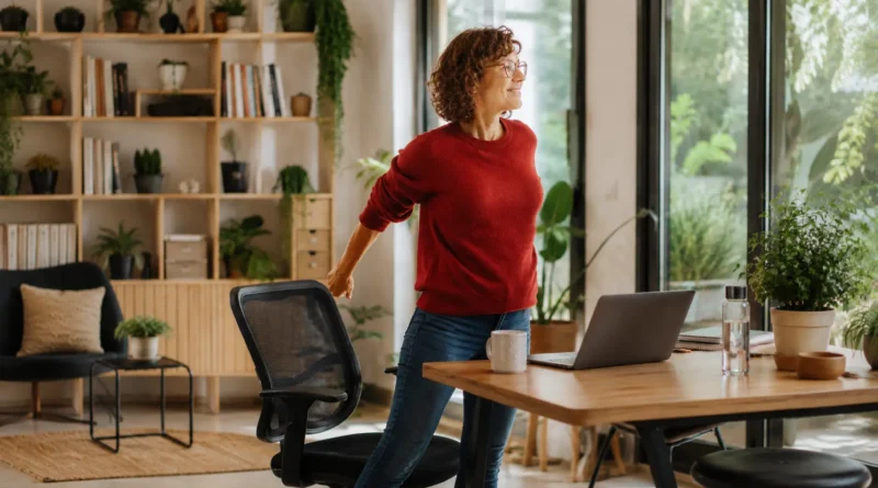 Person taking a movement break from desk work near a window