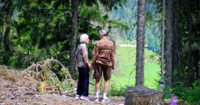 Photo showing an elderly couple holding hands and walking in nature.