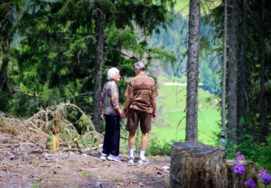 Photo showing an elderly couple holding hands and walking in nature.
