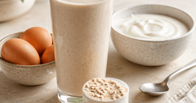 Protein powder shake alongside whole food protein sources including eggs and Greek yogurt for men over 40