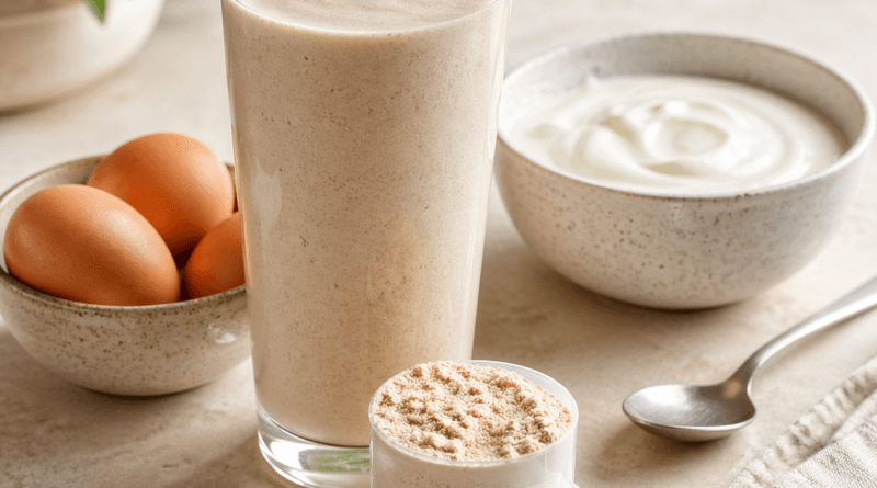 Protein powder shake alongside whole food protein sources including eggs and Greek yogurt for men over 40