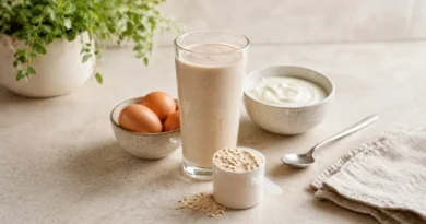 Protein powder shake alongside whole food protein sources including eggs and Greek yogurt for men over 40