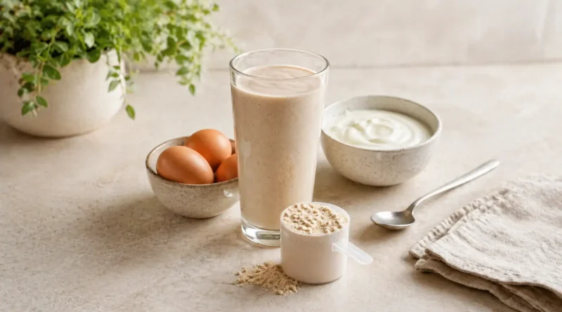 Protein powder shake alongside whole food protein sources including eggs and Greek yogurt for men over 40